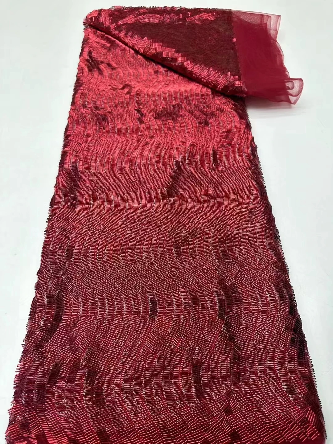 

2024 High Quality Luxury Wine Burgundy Beaded African Lace Fabric Handmade Beads French Lace Fabric For Party Dress Sew KR24123