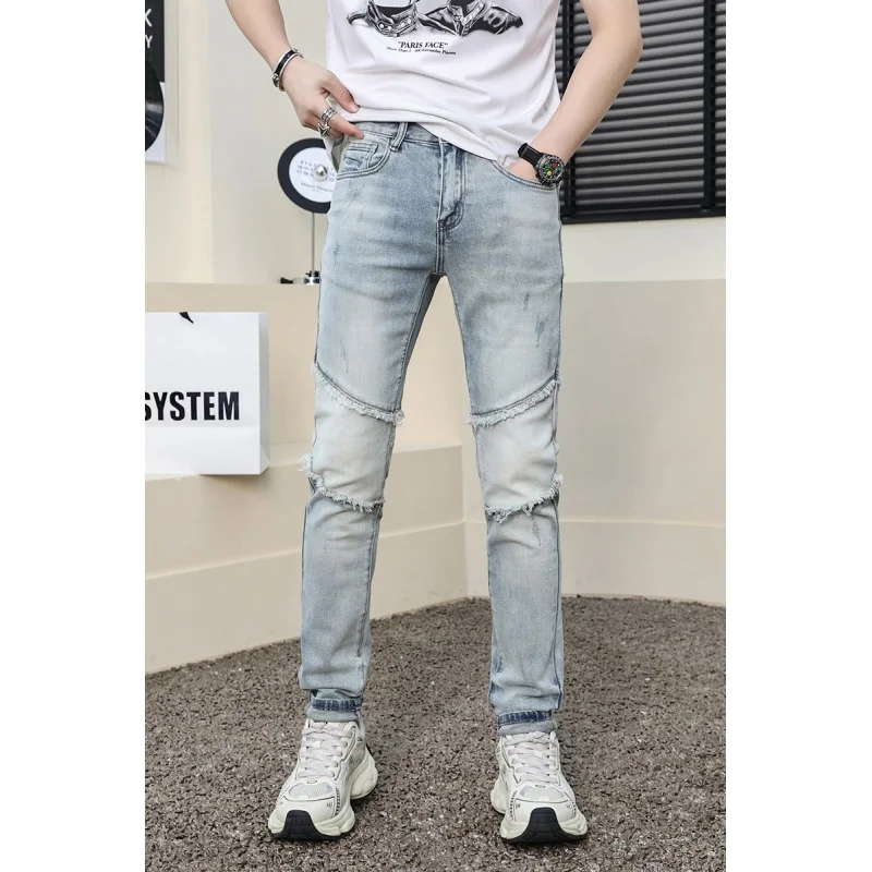 Retro Handsome Jeans Men's Stitching Street Trend Personality Locomotive Style American Stretch Slim Fit Tapered Pants