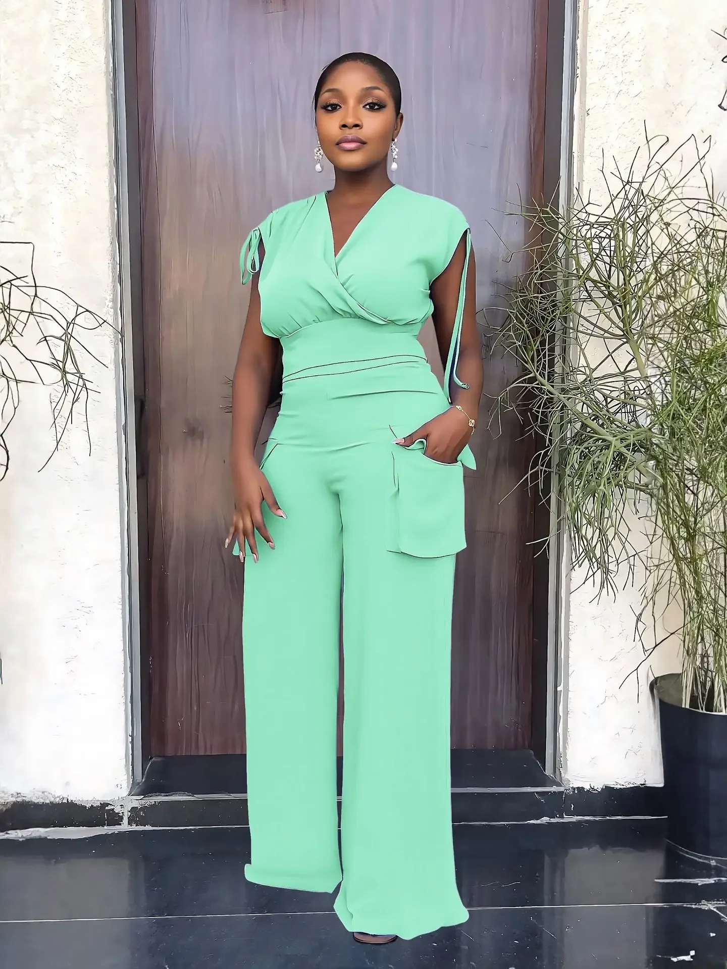 

Fashion Women's Set Short Sleeve Wrap V-neck Blouse and Wide Leg Cargo Pants 2025 Chic Two 2 Piece Set Outfit Tracksuit