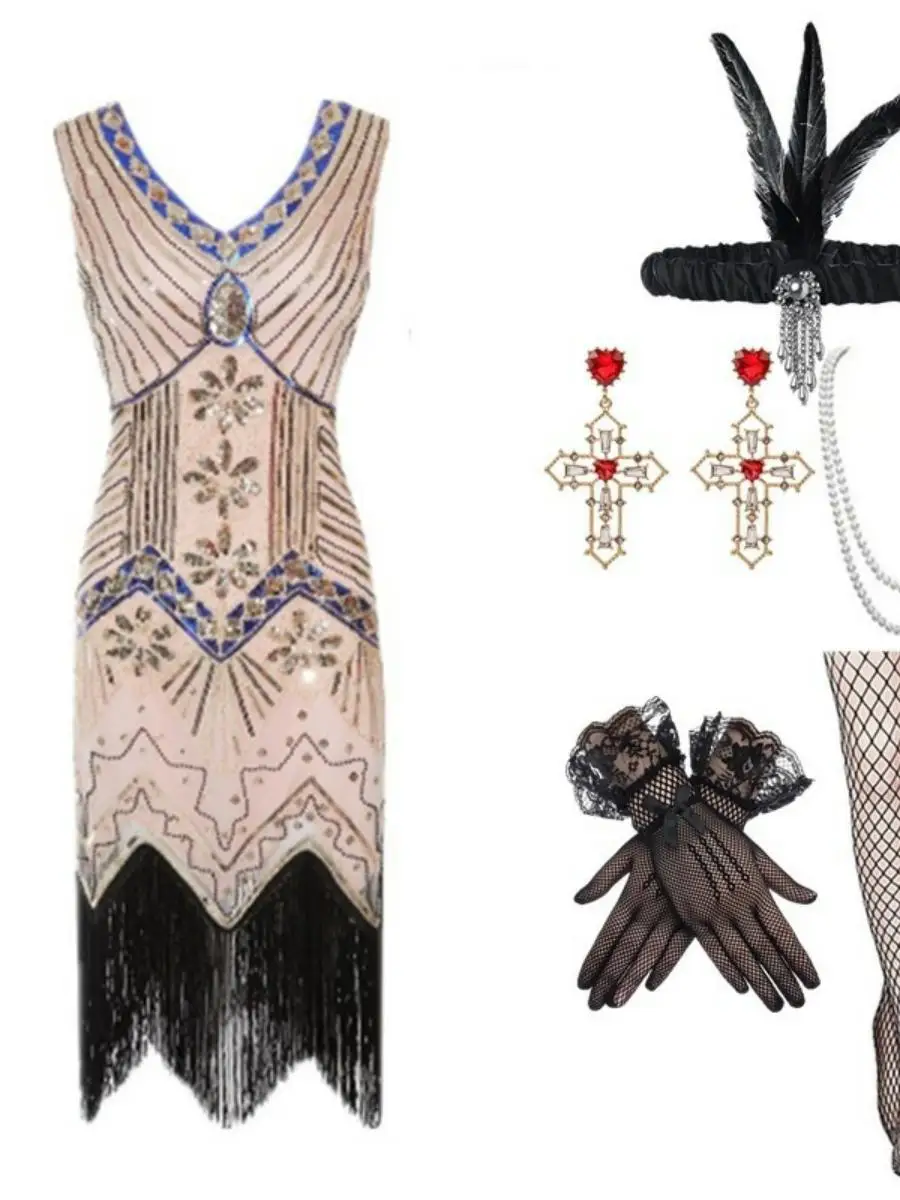 920s eat Gatsby Evening Dr Tassel Large Size V-ne Dr Set Banquet Evening Gown Polyester Material Ladies Faion