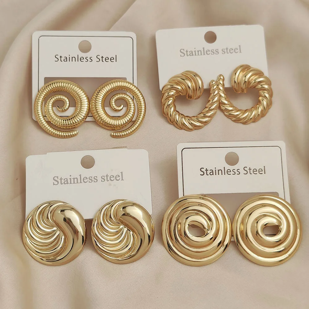 Trendy spiral shape stainless steel women's earrings, waterproof and non-fading heavy metal earrings, wedding party gifts