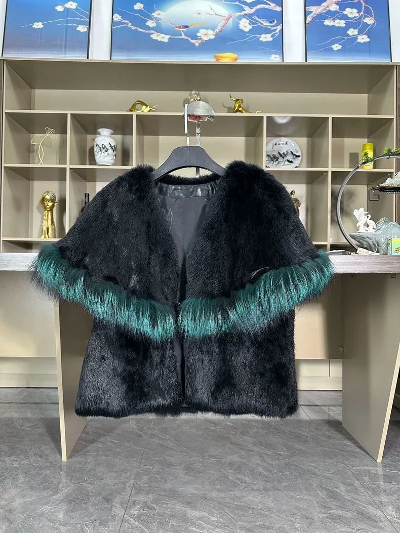 

Новый стиль, женский осенне-зимний жилет из меха енота с большими лацканами, короткий жилет из кроличьего меха, шаль, теплый жилет