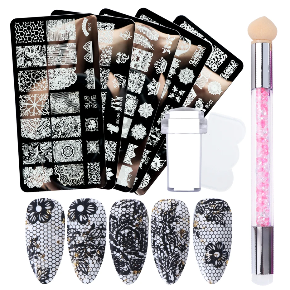 4pcs Nail Art Stamping Plate Flower Lace Patterns Image Stencil Stamper Gradient Nail Brush Nail Set Template Tools LYBC01-20-2