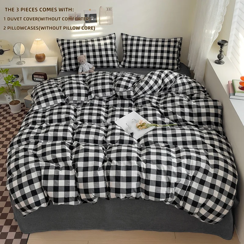 3pcs Black plaid Duvet Cover Set (1*Duvet Cover + 2*Pillowcase, Without Core),Bedding Set