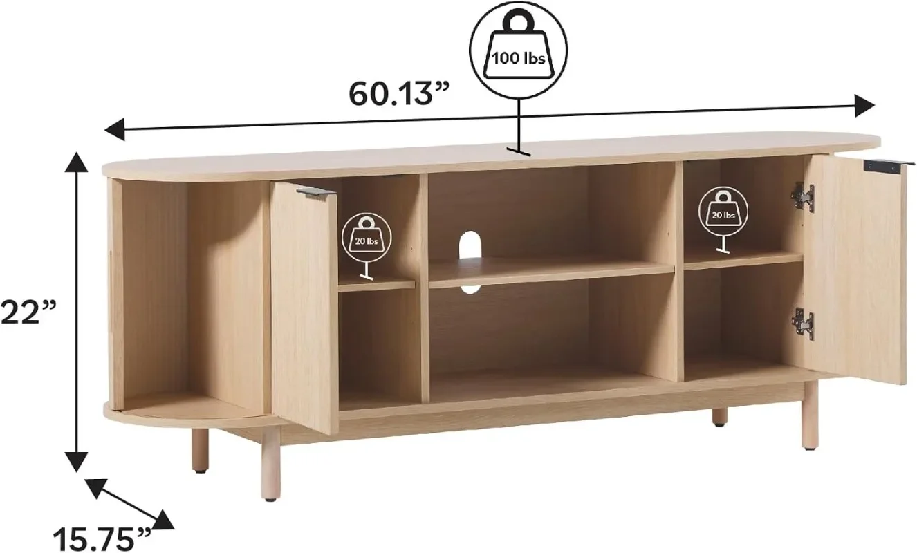 Walker Edison Modern Curved Reeded TV Stand Credenza with Sliding Doors and Adjustable Shelves TV Stand with Cord Management