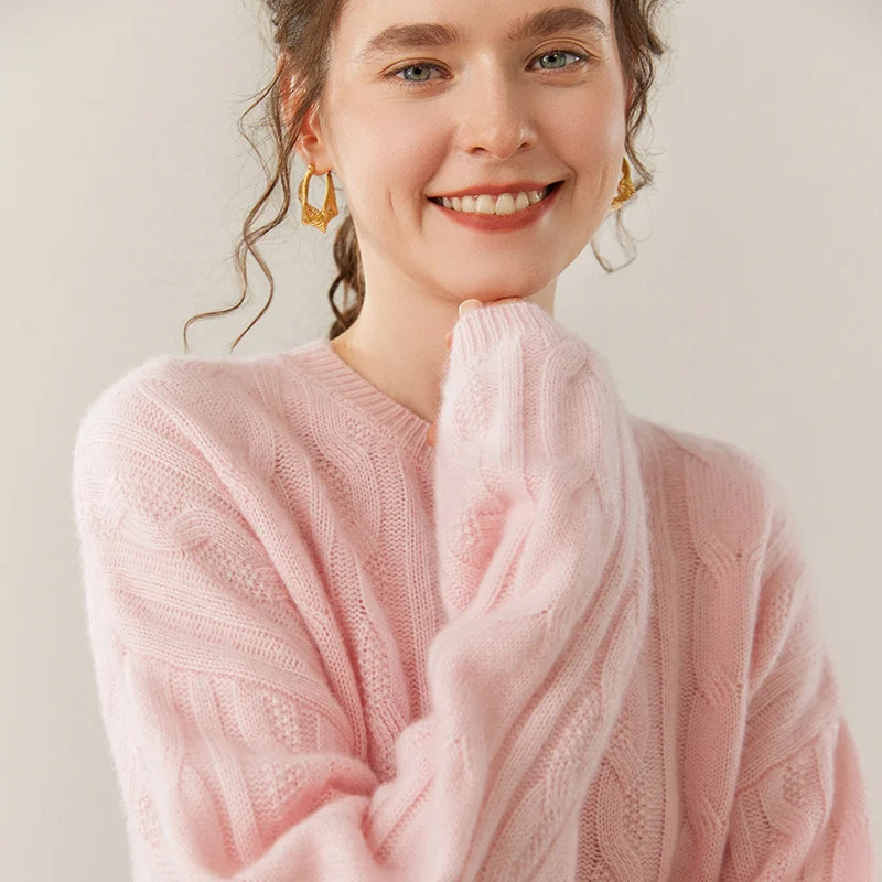 Women's O-neck Sweater 100% Cashmere Knitwear Loose Pullover Twist Flower Autumn Winter Thicken pURE Cashmere Clothing Tops