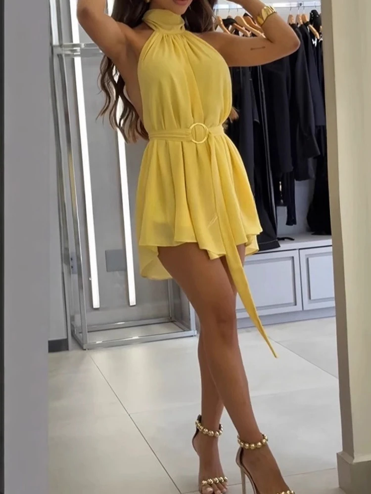 ハイウエストホルターネックミニドレス エレガント ノースリーブ ホローアウト Aラインドレス 夏新作 レディース スリム バケーション レースアップ ショートドレス