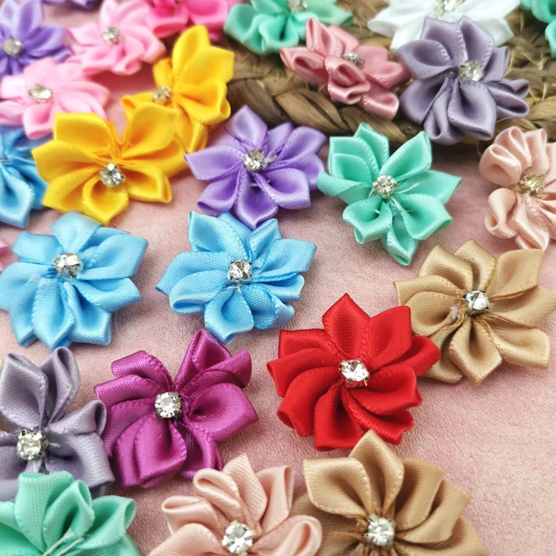 (50pcs/pack) 25mm Mix Color Inlaid Rhinestones Small Flower Mini Handmade DIY Satin Ribbon Flowers Head Scrapbooking Decoration