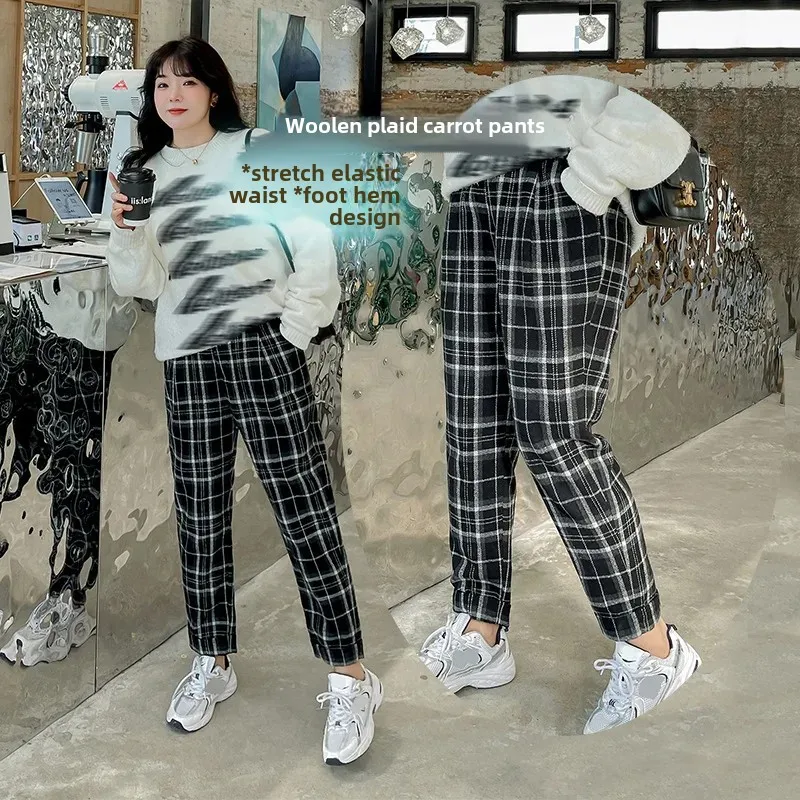 Plus Size Korean Style Plus Size Women's Black And White Plaid Carrot Pants Woolen Ankle Cuffing Casual Pants Women's Clothin...