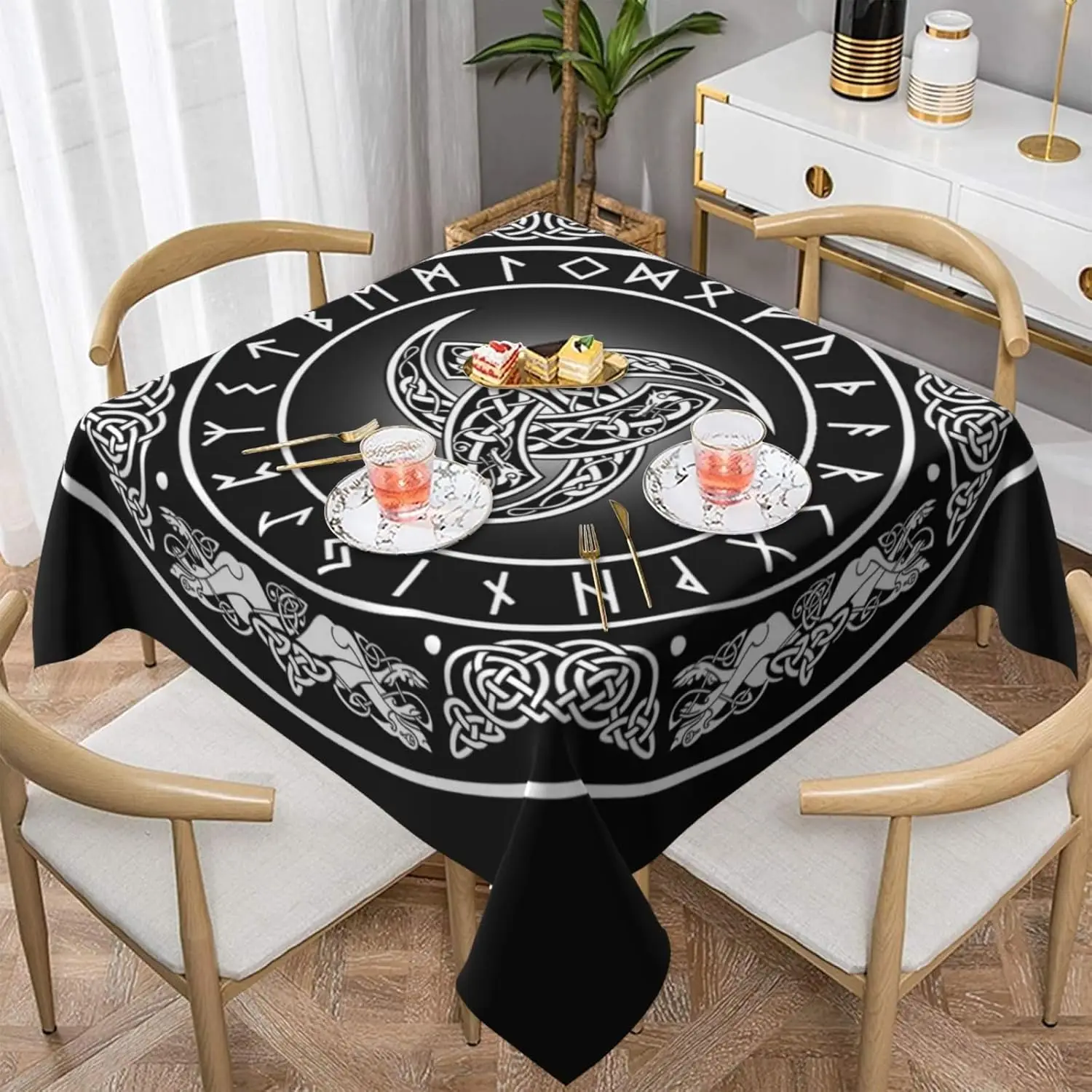 Viking Style Rectangle Tablecloth Kitchen Dining Table Decor Norse Pagan Mythology Symbol Table Cloths for Holiday Party Decor