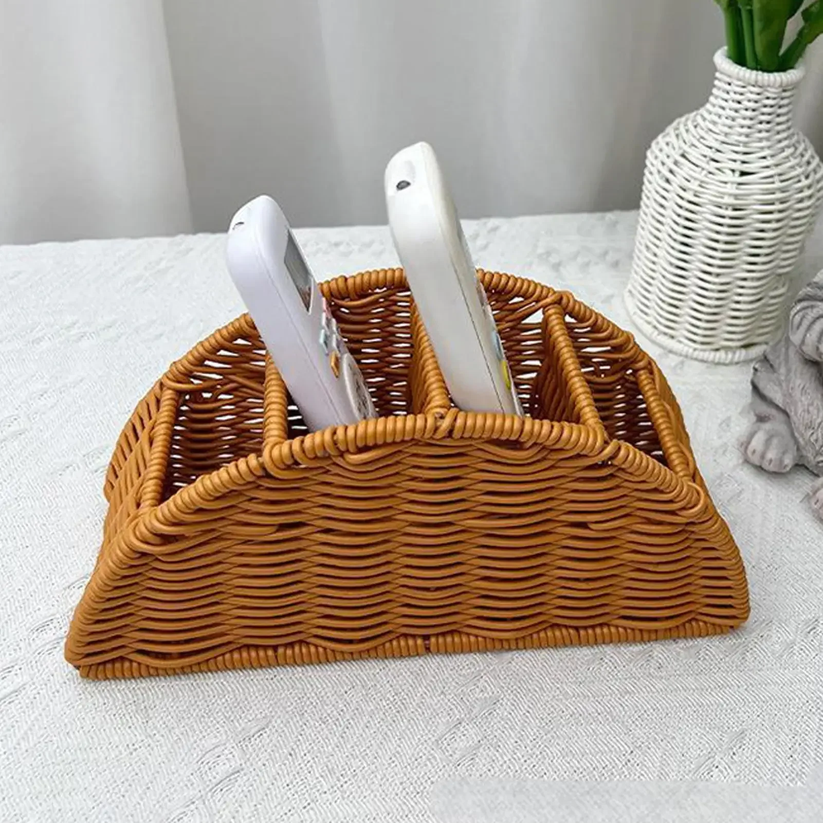 Woven Remote Control Holder 4-Compartment Imitation Rattan Desk Organizer TV Remote Storage Basket for Home Office Studio Study