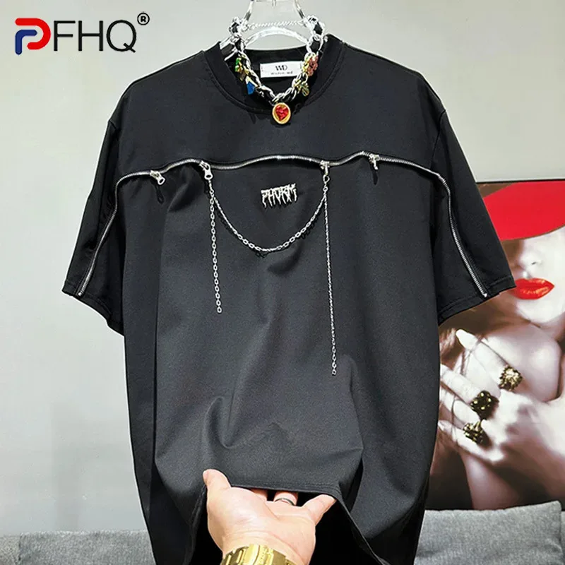 

PFHQ металлическая молния с украшением в виде цепочки, мужская новая летняя повседневная футболка с коротким рукавом, оригинальные удобные усовершенствованные шикарные топы 21Z4983