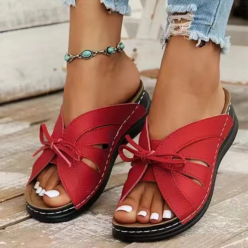 Sandalias de tacón bajo para Mujer, zapatos de verano, calzado de tendencia, color rojo, 2024