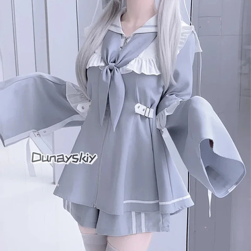 코스프레 일본 마이네 로리타 반바지 세트 Y2k 코스프레 JK 유니폼 슈트 리본 레이스 러플 슬림핏 스티칭 소매 드레스 애니메이션 코스 D