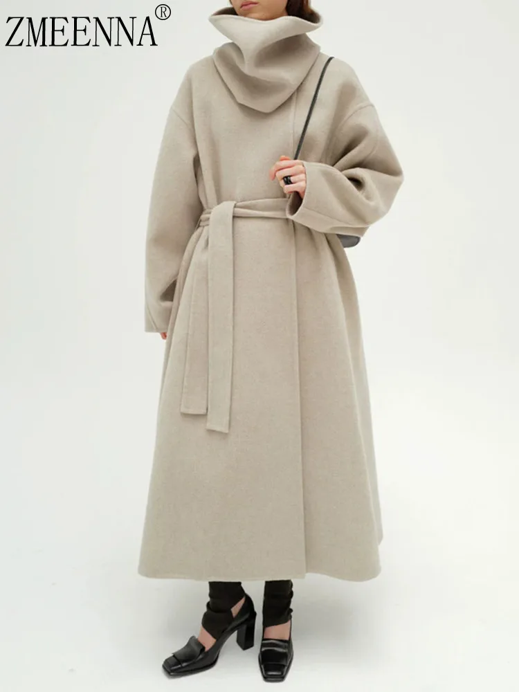 

ZMEENNA Womens Long Wool Blend Coat With High Cowl Neck And Tie Belt Warm Winter Outerwear Minimalist Elegant ZM4396