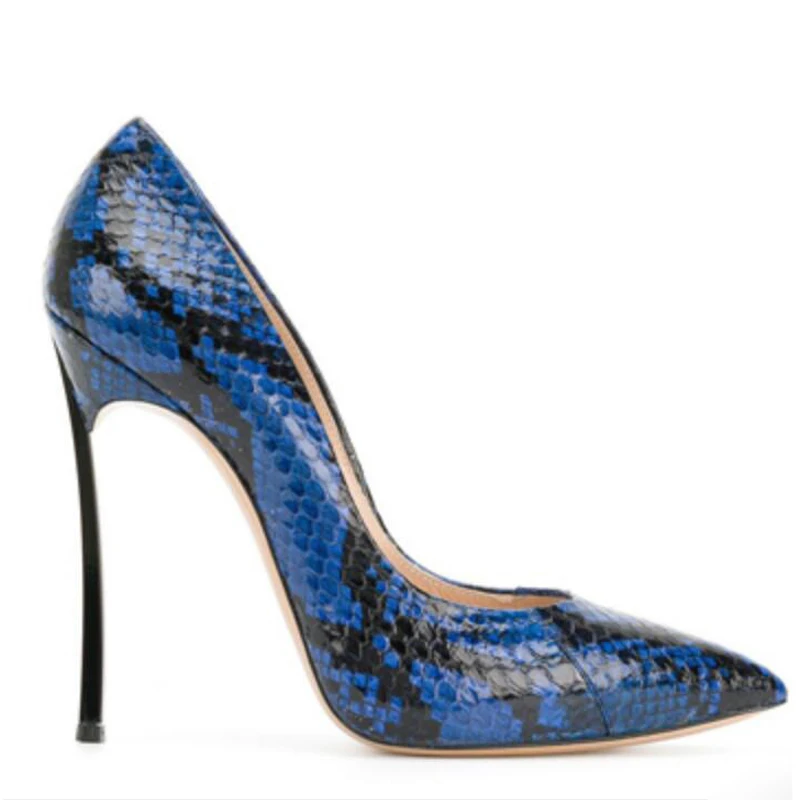 Sexy Blade High Heel Python Pumps Shoes Ladies Snakeskin Grain Leather Thin Metal Heels Slip on Shallow cut Party Heels