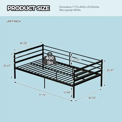 Metal Daybed Frame - 11.8 Inch High Safety Guardrail, Surround Sofa-Style Metal Platform Bed Frame, Space-Saving