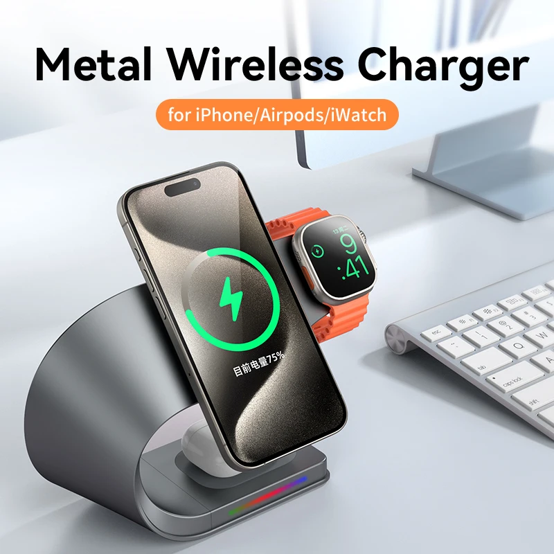 Metal Shell 4 in 1 Wireless Charger for iPhone 16 15 14 13 12 Magnetic Fast Charging Station Stand Dock for Apple Airpods Watch - view 2