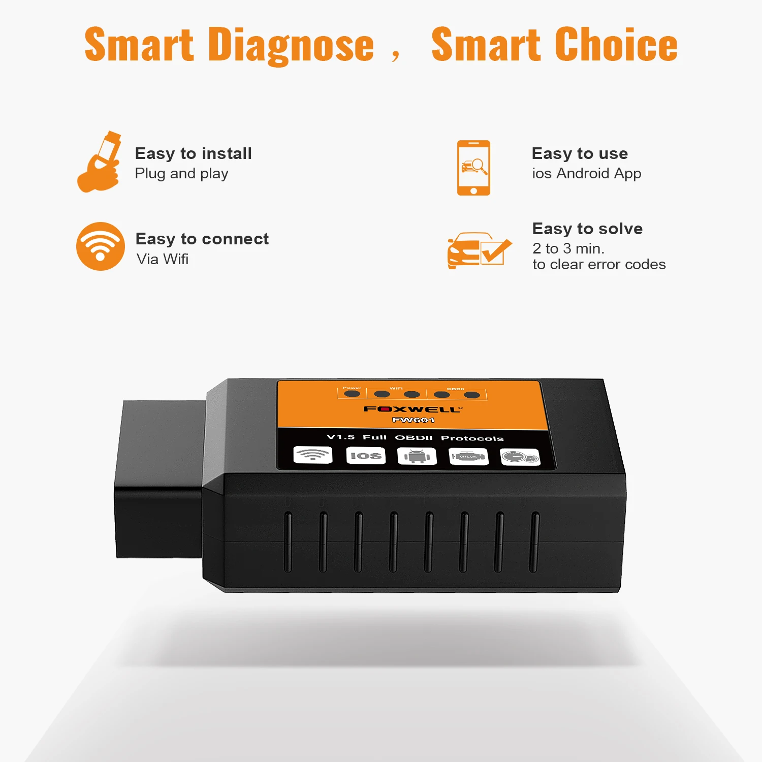 FOXWELL-OBD2 Scanner para Android e IOS, Wi-Fi, Bluetooth, ELM327, V 1.5, PIC18F25K80, OBD2, Leitor de Código, Car Scan Tool, FW601