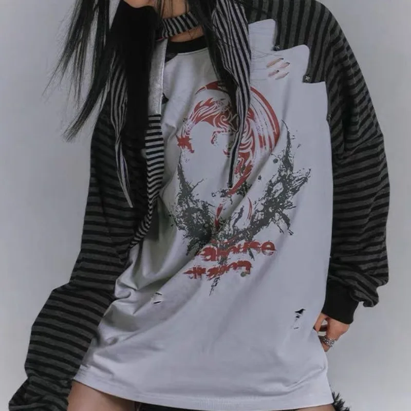 المرأة Y2K Harajuku مخطط كم طويل تي شيرت خمر أنيمي طباعة تصميم تيز أوائل الخريف بلوزات على الموضة غير رسمية الشارع الشهير جديد