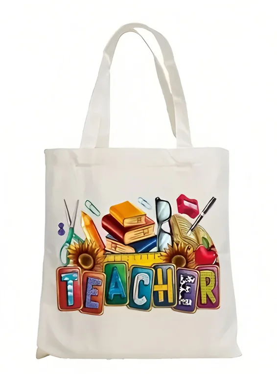 Color Block Teacher Letter With School Supplies Sunflower Print Canvas Tote Bag Handbag For Daily Commute And School Daily Use - view 2
