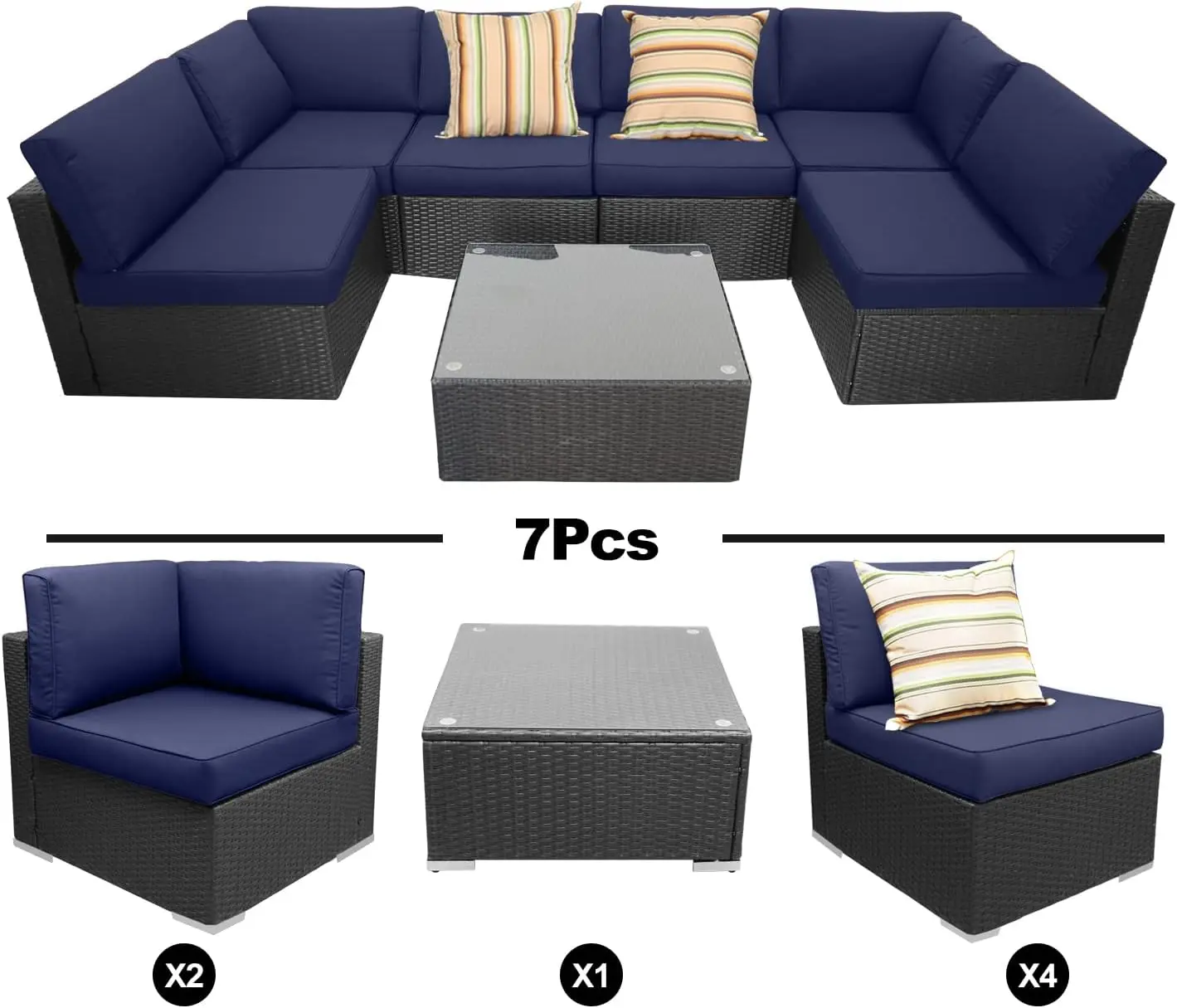7pcs Outdoor Sectional Rattan Wicker Sofa Set,Patio Conversation Sets with Cushions &1 Tempere Glass Table for Backyard (Blue)