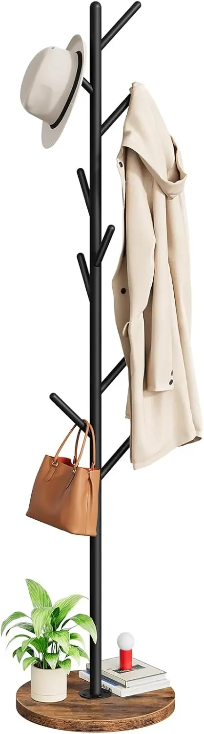 

Coat Rack Stand with 9 Hooks, Metal Freestanding Coat Tree with Wooden Base, Heavy Duty Hall Tree for Entryway, Space Sa