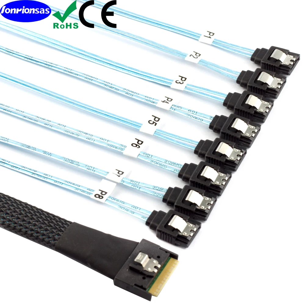 Half-wrap scoop-proof insertion Slim SAS 4.0 SFF-8654 8i 74Pin to 8X SATA 7pin female Straight with Locking Latch 12Gbps Cable