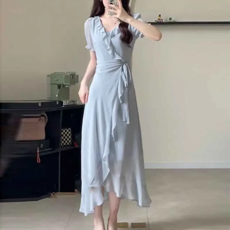 

Korean Simple Temperament Summer Gentle V-neck Long Dress Solid Patchwork Ruffles Asymmetrical Short Sleeved Waistband Dresses