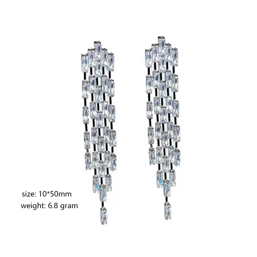 Luxury Sparking Rectangular Crystal Zircon Long Tassel Clip on Earrings for Women Bridal Wedding Without Piercing Jewelry