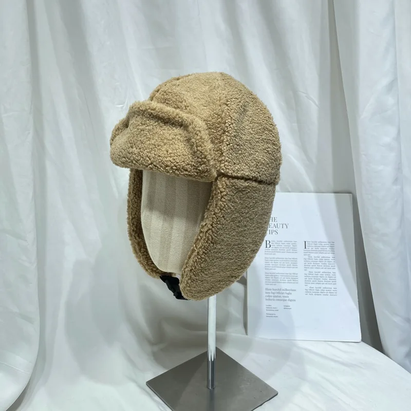 Korean Lamb Wool Bomber Hat Men Women Winter Japanese Pilot Ear Protection Hat Northeast Cold Protection Outdoor Warm Hat