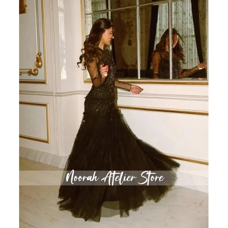 LAYXHS Gaun Malam Hitam Kerah O Fashion Gaun Prom Payet Applique Lengan Panjang A-Line Gaun Malam yang Dapat Disesuaikan