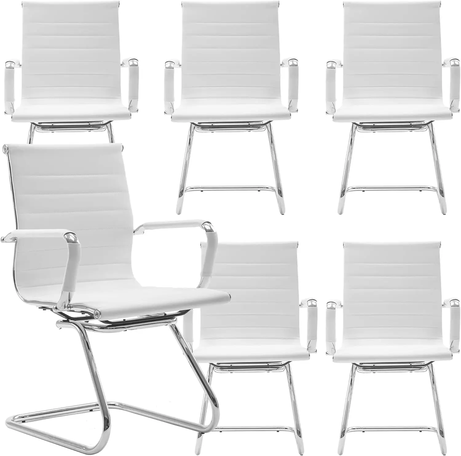 White Office Desk Chair No Wheels Set of 6 PU Leather Computer Chairs Mid Back Guest Chairs for School Reception Conference Wait