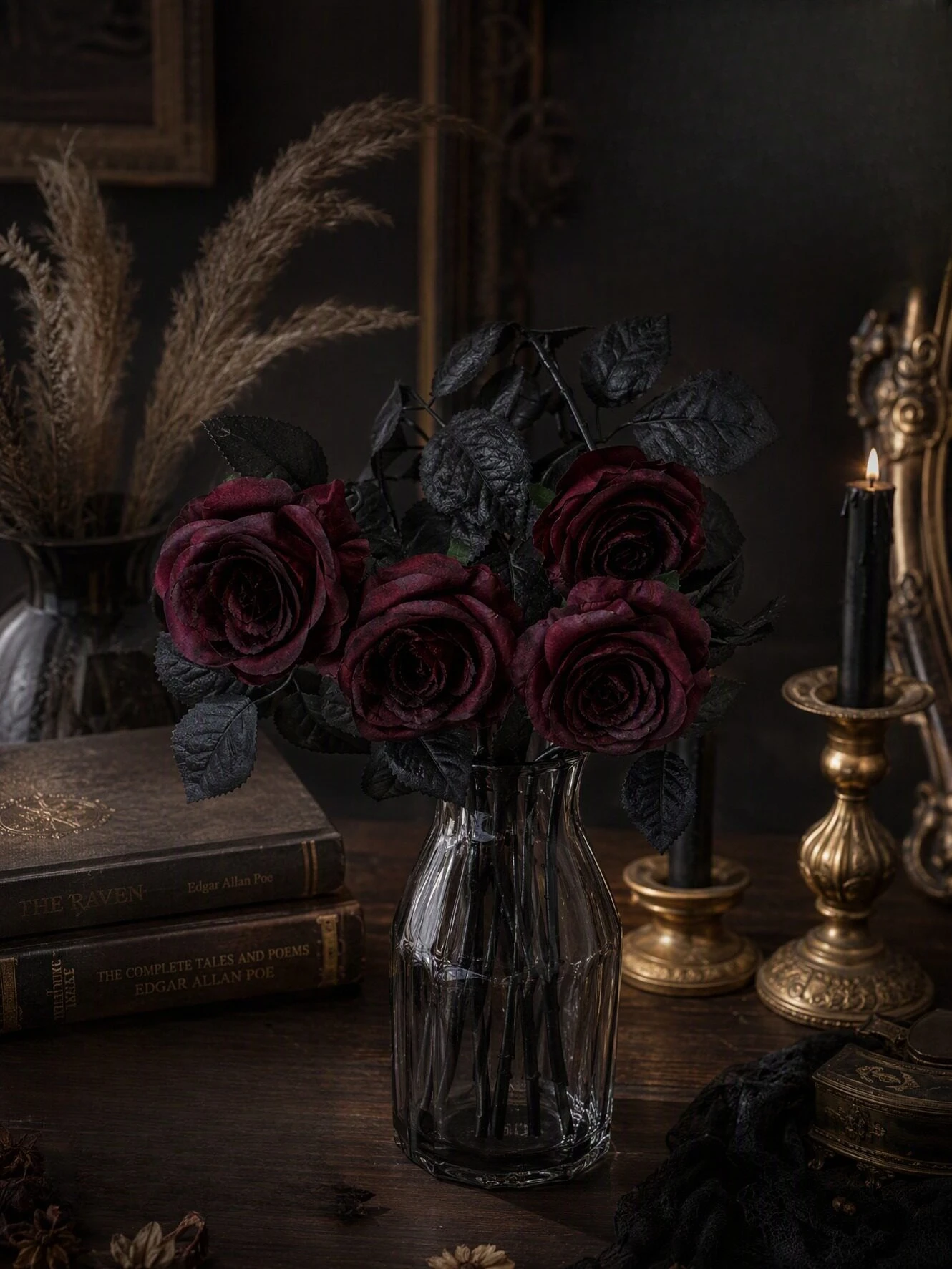 20/30 Stück Halloween-Dekoration, gotische schwarze und rote Rosen, Samt, künstliche Blumen, Fotografie, Atmosphäre, künstliche Rosenblüten – Detail 3