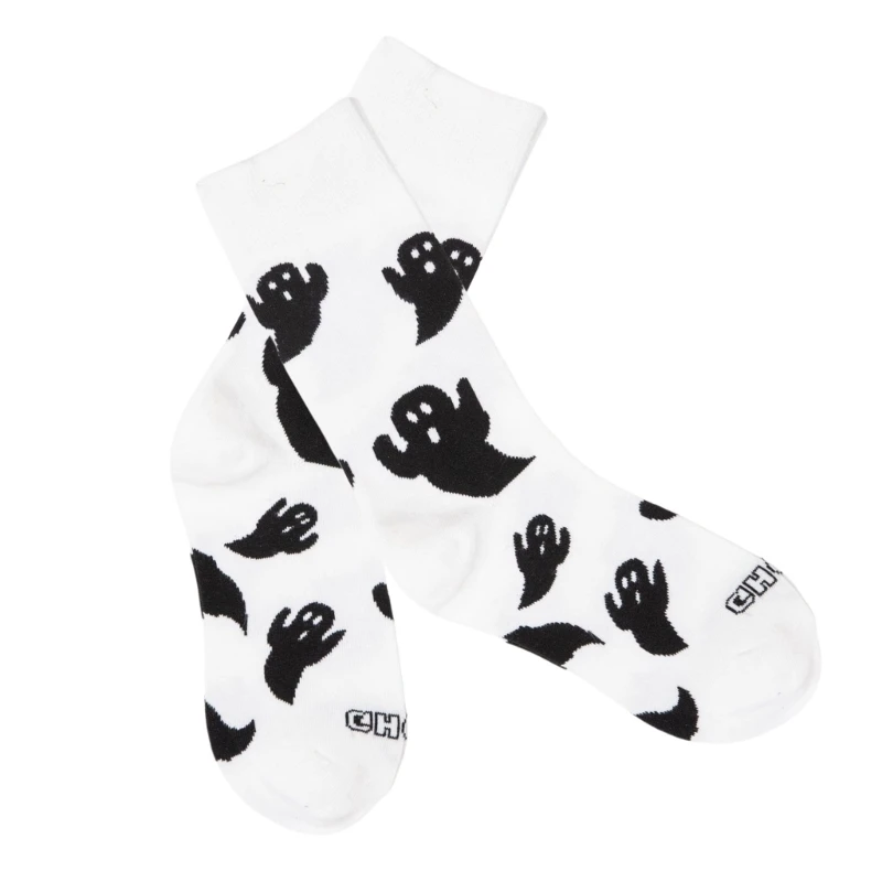 

Halloween Themed Ghostly Print Middle Calf Socks Black White Cotton Comfortable Stockings for Party Wear and Dropshipping