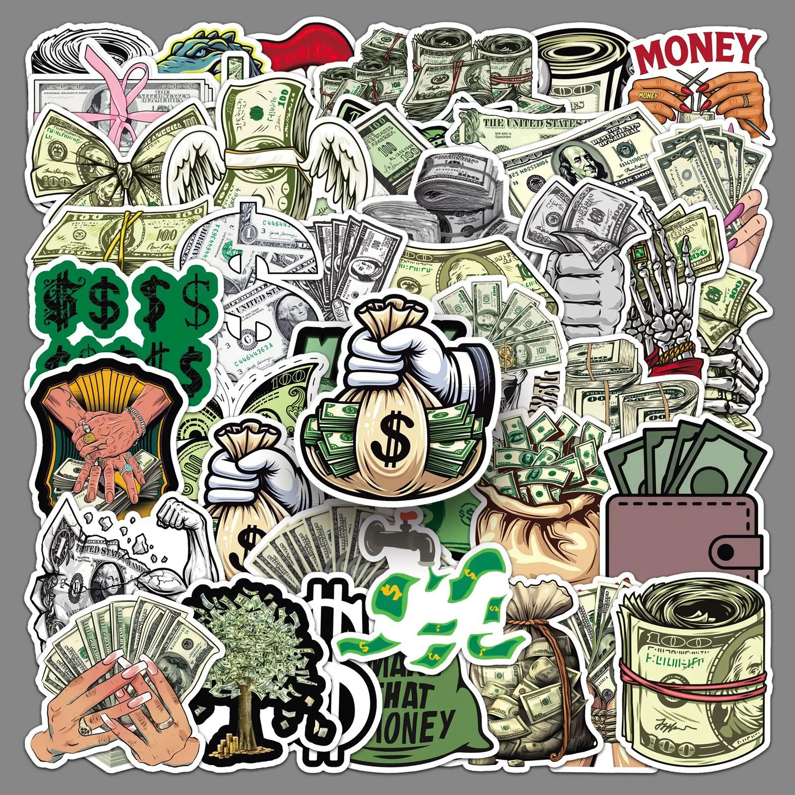 50 USD symbol stickers, cartoon paper money currency, retro graffiti, hand account materials, computer headphones decoration