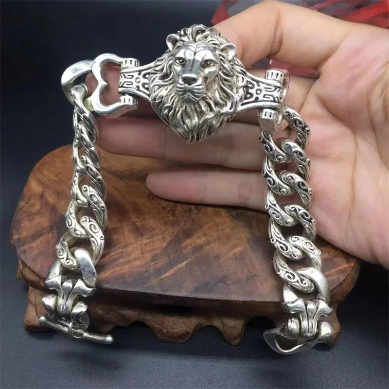 Mai Chuang/Tibetan Silver Inlaid Domineering Lion Bracelet To Attract Wealth Ward Off Evil Spirits Men Women Jewelry Couple Gift