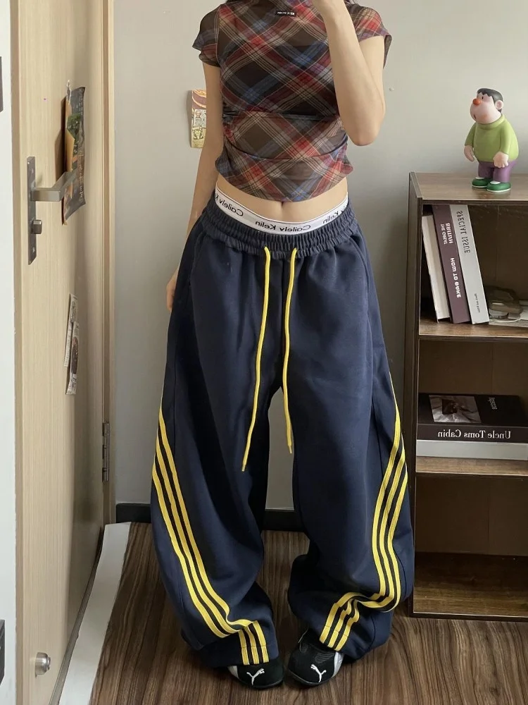 Pantalones deportivos de empalme a rayas Retro americanos para mujer, pantalones largos de pierna ancha ajustados, holgados, informales, de cintura alta
