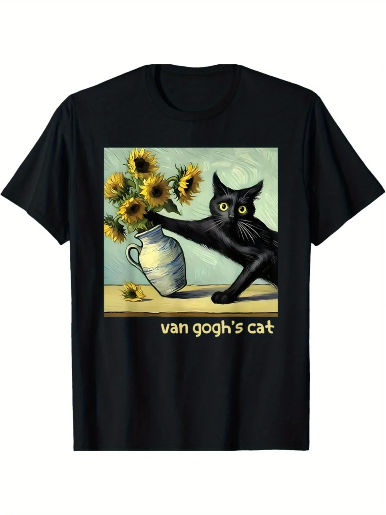 Tendencia de verano estilo callejero Van Gogh gato negro y girasol pintura de gato divertido rop demanga Harajuku ropa estética