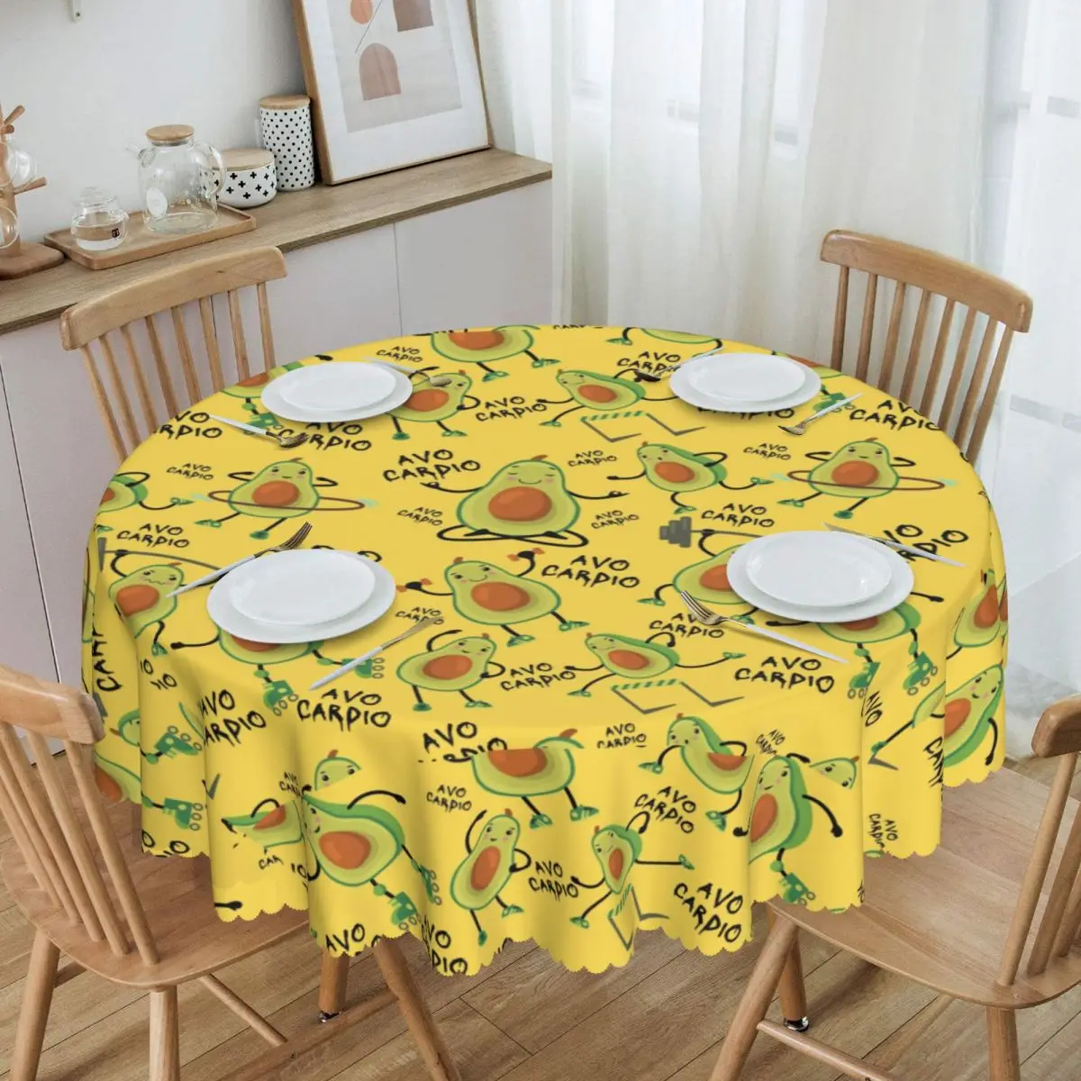 

Custom Round Yellow Avo Cardio Funny Fitness Avocado Pattern Tablecloth Waterproof Oil-Proof Table Covers 60 inch Table Cloth