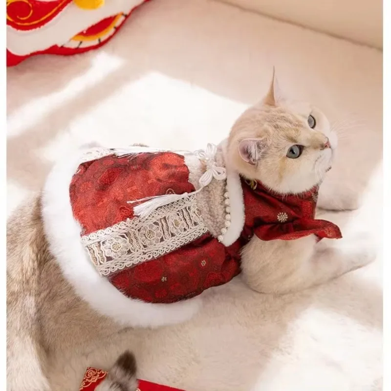 Autumn and winter pet cat clothes red beaded New Year's padded jacket holiday gift