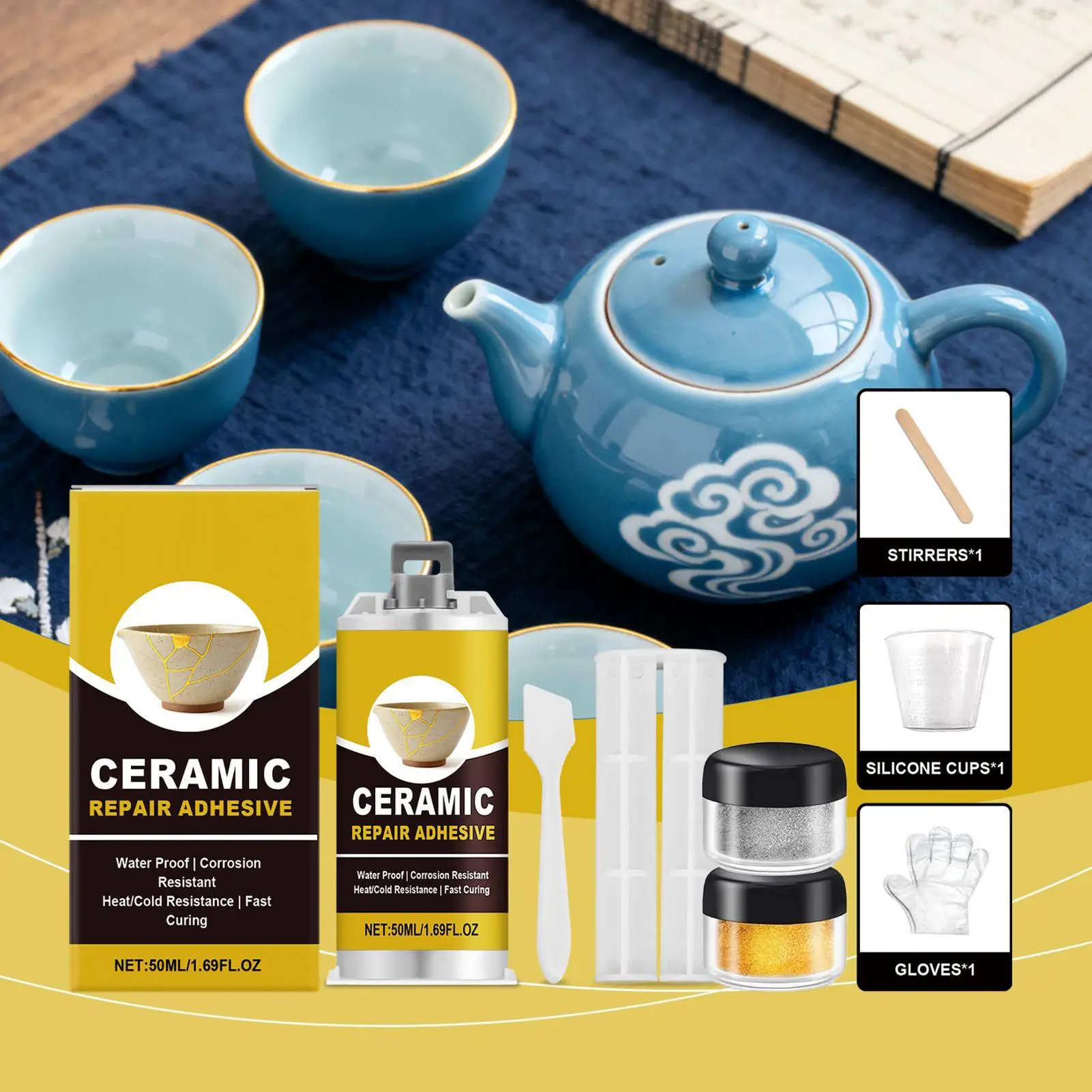 Ceramic Repair Kits Pottery Gold Repair Kit Adhesive Food Safe For Bathtub Vanity Plate Art Craft Figurines Sculptures