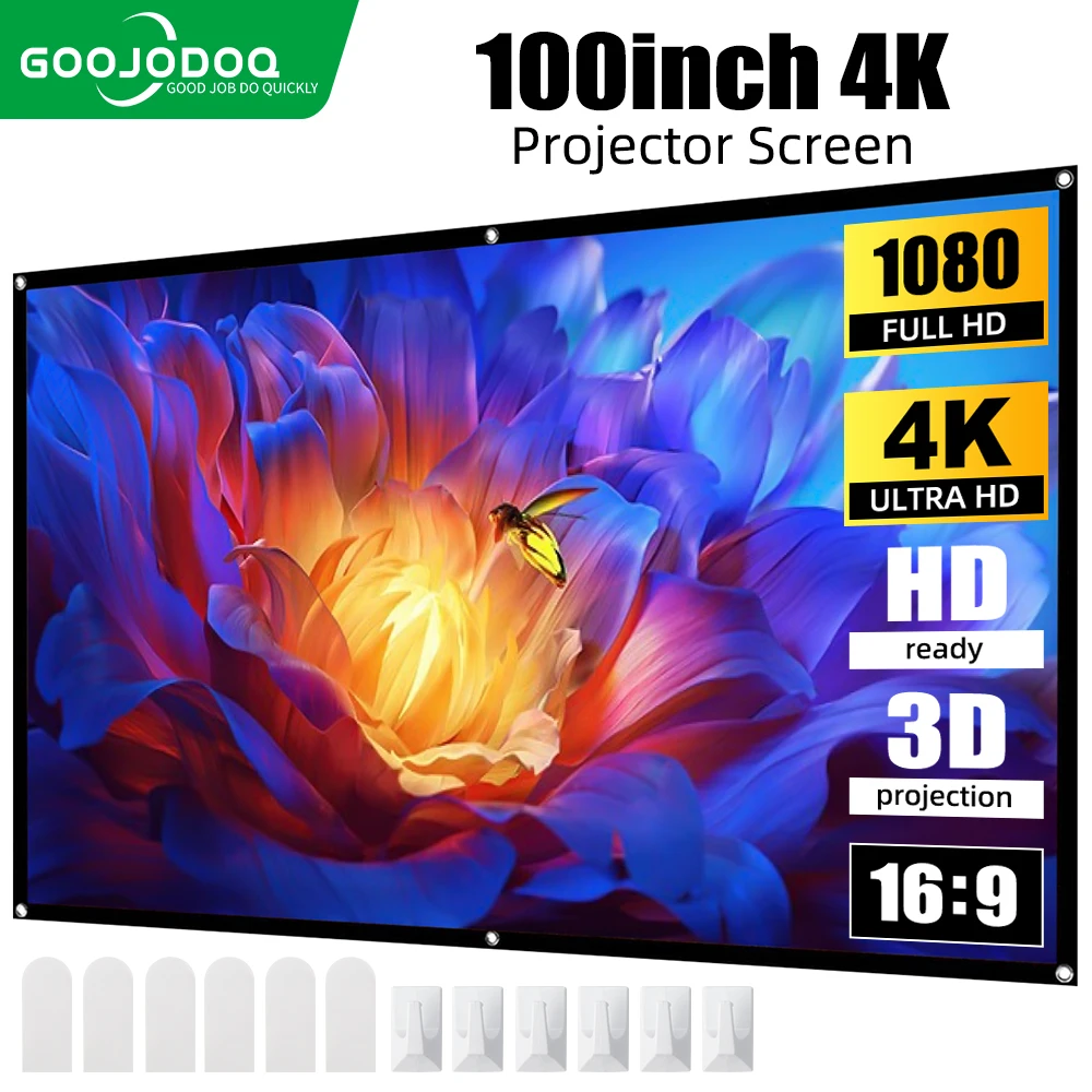 GOOJODOQ-Pantalla de Proyector HD de 100/80 pulgadas, cortina antiluz 16:9 para interiores, Ultra visor, portátil, plegable, 3D, 4K