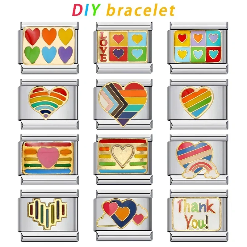 Hot Selling Rainbow Love Italian Module Bracelet Stainless Steel Elastic DIY Bracelet Accessories ()