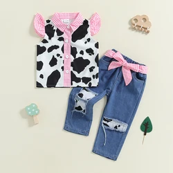 2024-06-13 Lioraitiin Baby Girl 2Pcs Western Outfits Fly Sleeve Cow Print Shirt + Denim Pants Set Toddler Clothes