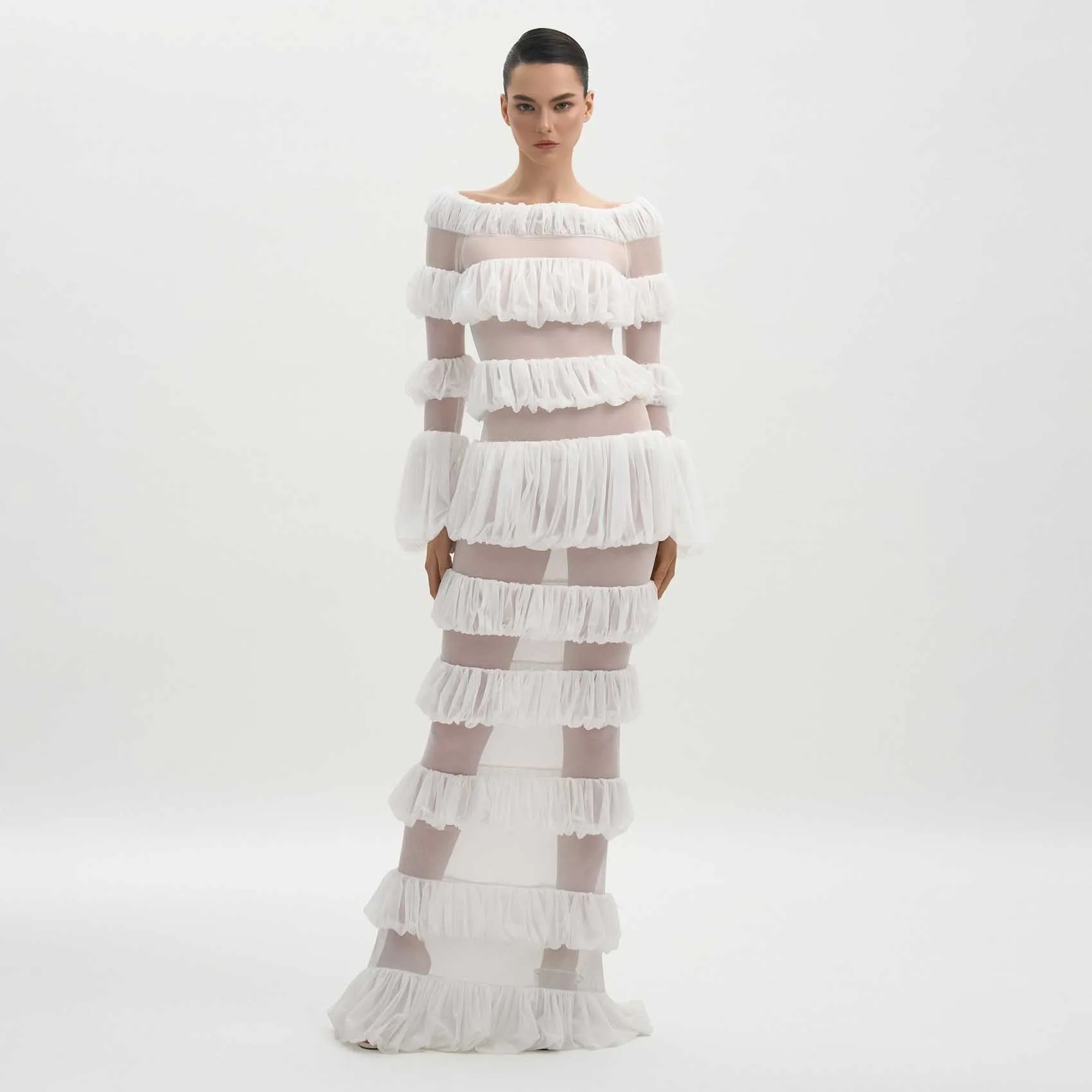 Einzigartiges weißes Lagen-Abschlussball-Maxikleid, durchsichtiges Rüschen-Tüll-Geburtstags-Fotoshooting-Kleid, durchsichtiges Stretch-formelles Outfit-Partykleid