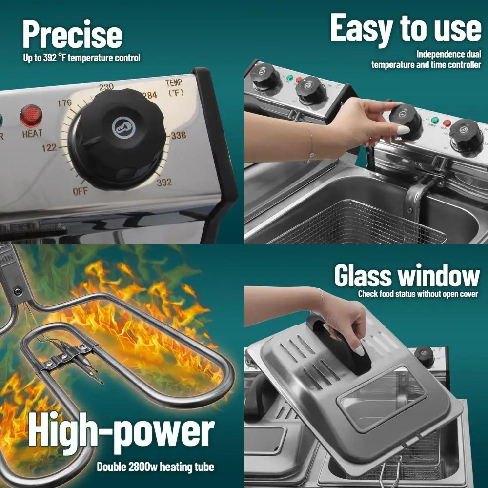 

Commercial 12L/12QT Stainless Steel Deep Fryer with 2 Glass Lids, 3200W Electric Frying Machine, Countertop Model, 2 Baskets, Te