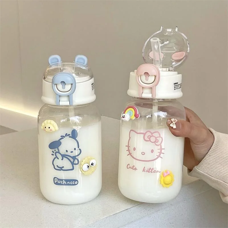

500Ml Kawaii Sanrio Hello Kitty Transparent Straw Cup Kuromi Bottle Pochacco Cinnamoroll Water Cup Anime Figures for Girl Gifts