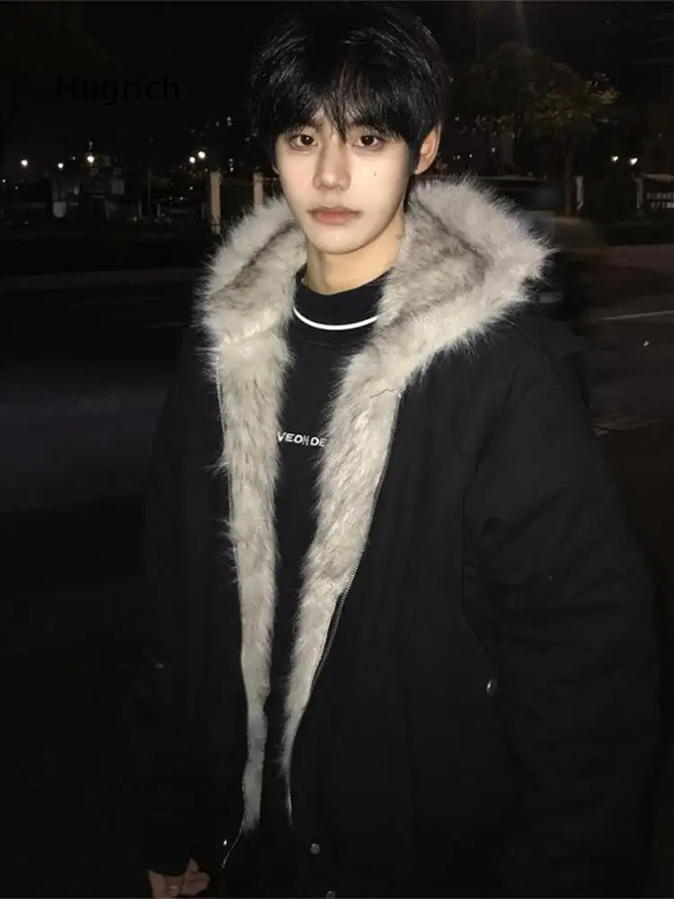 Men Hooded Jacket With Faux Fur Collar Thickened Warm Short Cotton Coat American Style Outerwear For Winter Daily Matching And