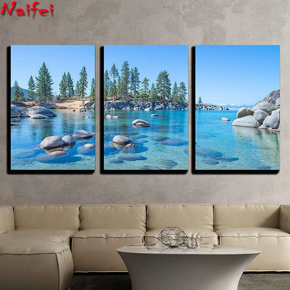 Diamond Painting Full Square Triptych River Bank Tree Stones Seaside Landscape 3D Embroidery Cross Stitch 5d DIY Mosaic decor